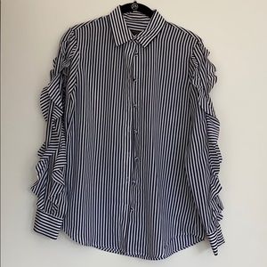 Black and white stripped blouse with ruffle sleeve